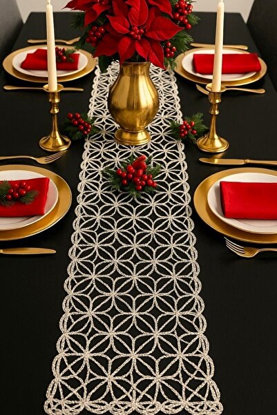 Zeria Home Gümüş Simli Fransız Dantel Detaylı Tek Runner