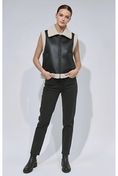 chwain Shearling Wool Vest with Fur Collar Detail