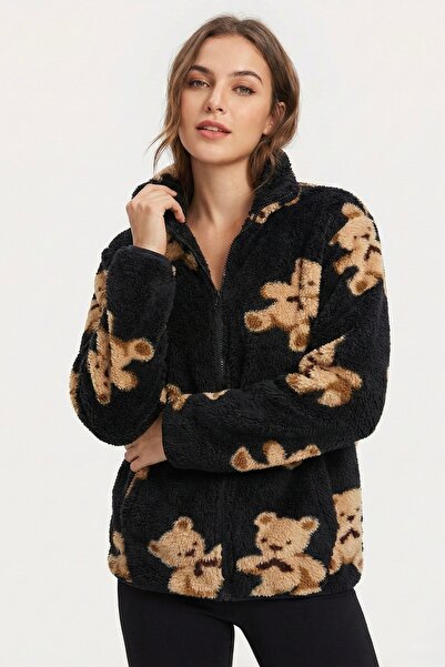 MBEY1989 Women's Teddy Bear Patterned Zippered Fleece