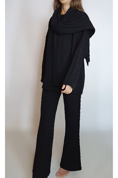 oyagüler طقم تريكو ثلاثي للنساء يتكون من سترة وبنطلون ووشاح بنمط مضفر أسود ال...