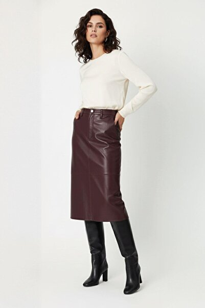 Deriderim Burgundy Mira Midi Genuine Leather Women's Skirt