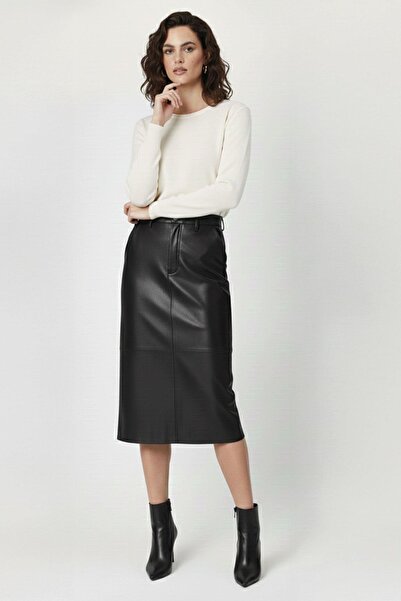 Deriderim Black Mira Midi Genuine Leather Women's Skirt