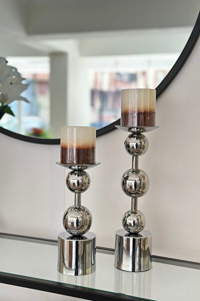Shura Homeware SİMA Mumluk Gümüş Top Dekorlu Metal Mumluk Ev Dekoru