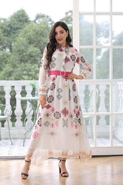 alestafham فستان قميصي مطبوع بحزام فوشيا – أوف وايت