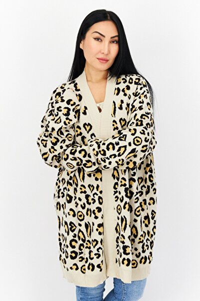 BOOHOO Women Oversized Long Sleeves Animal Printed Cardigans, Beige/Black Combo