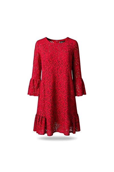 Eight Fashion Women's Lace Burgundy Lined Spanish Sleeve Stylish Short Dress