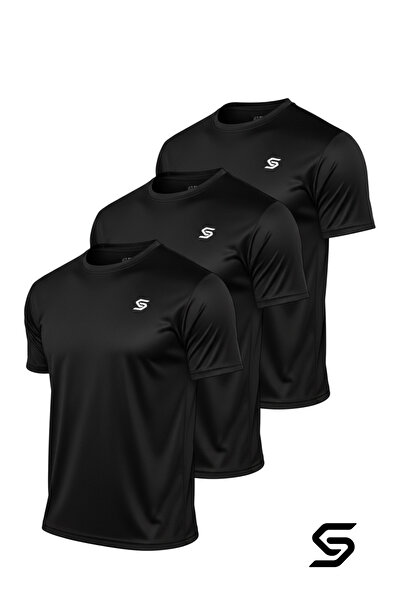 Sapeur 3'lü Paket Erkek Siyah Spor Tişört- Slim Fit Antrenman Üstü