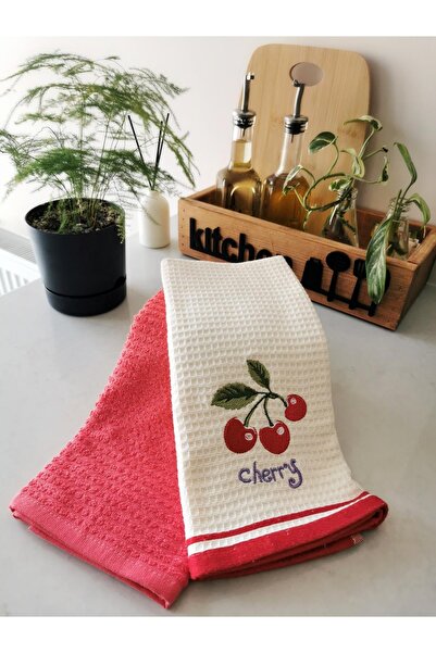 Halley Concept 40x60 2-Piece Red Cherry Embroidered Kitchen Towel Drying Clot...