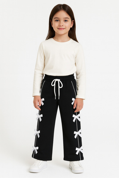 Uğur bebe بنطلون رياضي أسود للفتيات بثلاثة خيوط وجيوب كبيرة وحزام قابل للتعديل عند الخصر