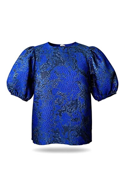 Eight Fashion Women's Navy Blue Jacquard Balloon Sleeve Blouse