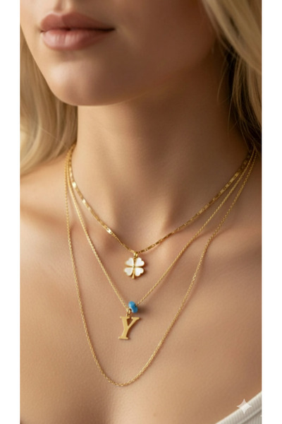 Jewerly قلادة نسائية ذهبية بتصميم هارموني مع حرف Y ثلاثي