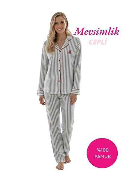 bie's Set de pijamale cu mâneci lungi, cu buzunare, din bumbac 100% țesături, cu dungi albe, pentru femei