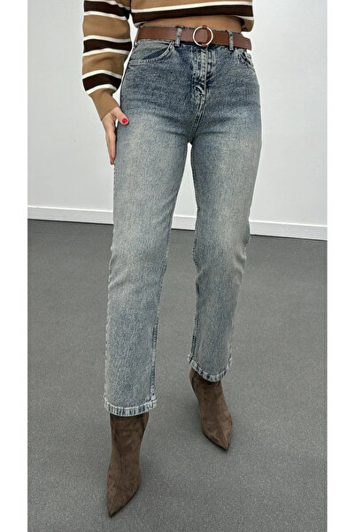 Bluezoni بنطلون جينز مرن للنساء بحزام باللون الرمادي المدخن مقاس قماش قابل لل...