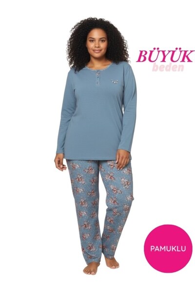 bie's Blue Women's Floral Pattern 3 Button Cotton Lycra Transitional Long Sle...