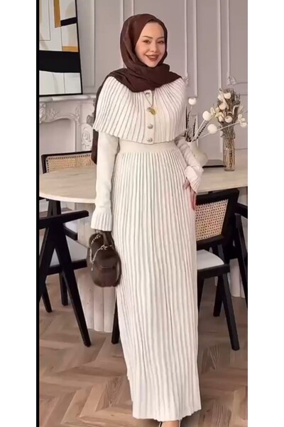 GİYSİ DÜNYASI 57 TRİKO KUMAŞ PELERİN DETAYLI BELDEN OTURTMALI TAM BOY ELBİSE