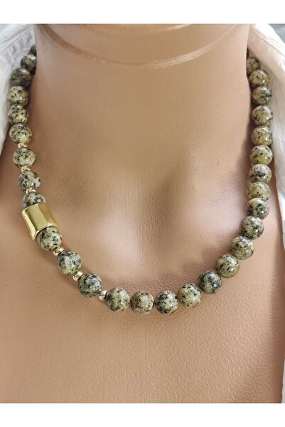 elinasaccessories قلادة من حجر الجاسبر الدلماسي الطبيعي الأصلي، كرة 8 مم للطا...