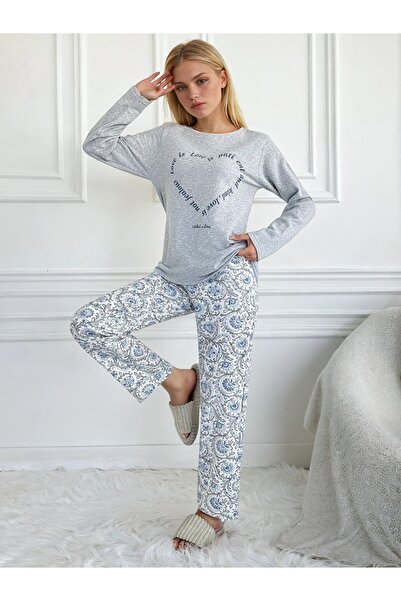 CARLA MARA Love Motif Gray Floral Patterned Women's Pajama Set