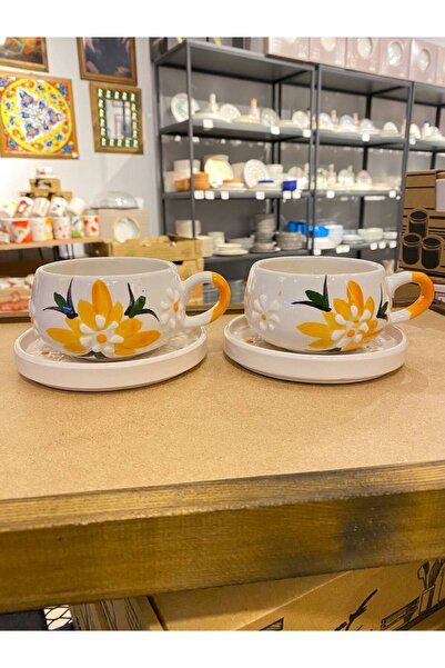 ColorCraft طقم أكواب سيراميك مصنوع يدويًا بنمط أوراق التاج الأصفر لشخصين - طق...