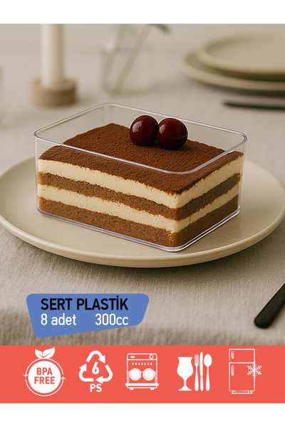 BİZDENGELSİNNET 8’li Tiramisu Kapaklı Tatlı Kase 300cc, Dikdörtgen, Sert Plas...