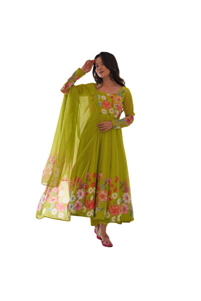 MYSMAR Green Organza Silk Salwar Kameez & Dupatta - HRT1370 | Green