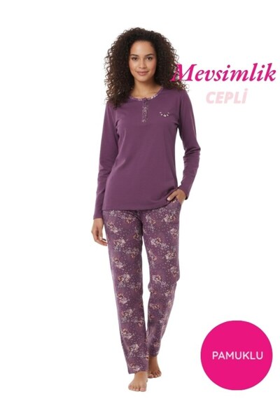 bie's Set de pijamale cu mânecă lungă, din bumbac, lycra, cu de tranziție nasturi, cu model de flori pentru femei