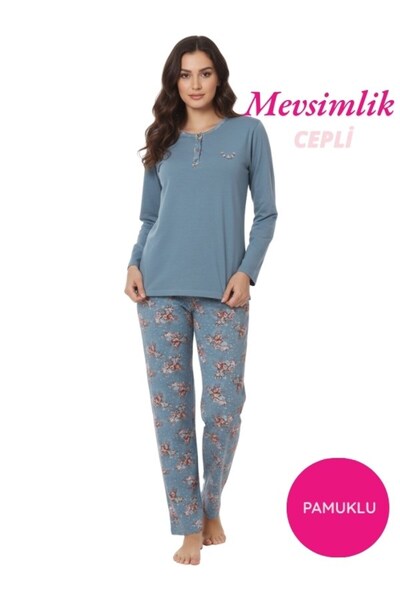 bie's Blue Women's Floral Pattern 3 Button Cotton Lycra Transitional Long Sle...