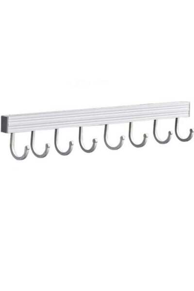 PUFO Aluminum kitchen hanger with 8 hooks - holder for cutlery, utensils, accessories and towels, 60 cm