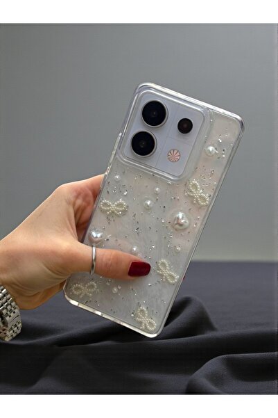 KVK PRİVACY Xiaomi Note 13 Pro 5G Uyumlu – İnci Kalp Fiyonk 3D , Şeffaf, Darbe Dayanıklı Telefon Kılıfı