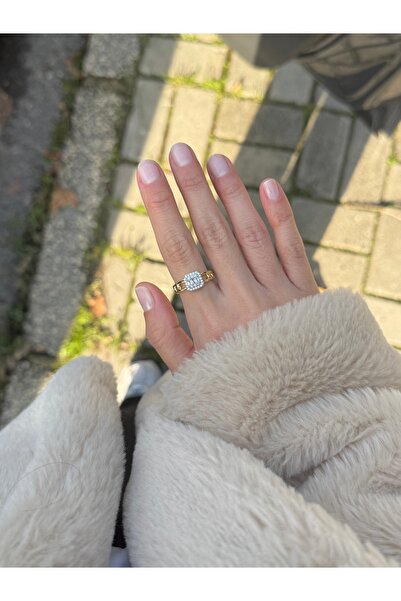 kems jewels Baget Taşlı Zincir Detaylı Altın Kaplama Ayarlanabilir Çelik Yüzük