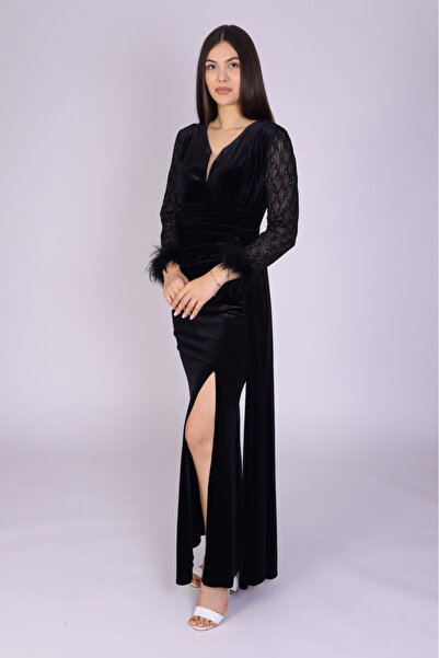 Ella Collection Rochie elegantă din catifea cu decolteu în V și mâneci din pl...