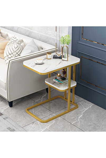 OEM Side table, 50×30×55 cm, white imitation marble top, gold metal frame