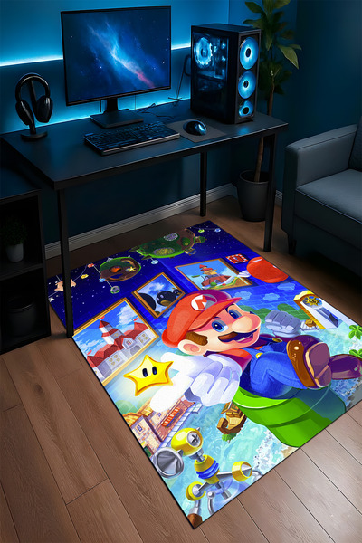 Halura 3D Super Mario Oyun Desenli Kaymaz Taban Makinede Yıkanabilir Oyuncu G...
