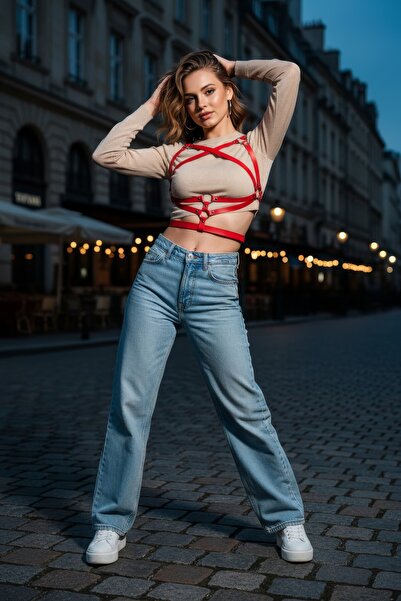 Angels Passion Curea roșie pentru femei bretea crossbody O Curea cu detaliu m...