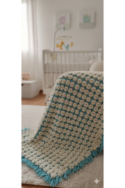 OKYANUS AVM 110x110 El Örgüsü Popcorn Bebek Battaniyesi | Pamuklu Pıtırcık Örgü