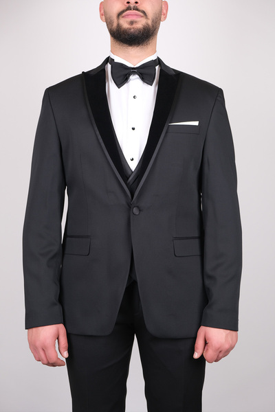 SERKAN SEVİNÇ Slim Fit Erkek Armürlü Kadife Yaka Yelekli Smokin