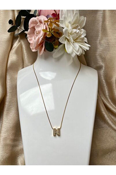 TR Zirkon Taşlı İnce Zincirli 'N' Harfli Kolye | Gold Rengi | Pırlanta Görünü...