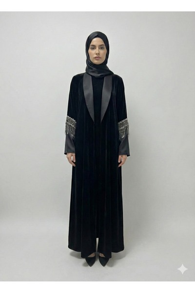 diğerr1 Taş Püsküllü Kol Detaylı Kadife Siyah Abaya