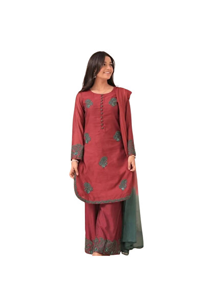 MYSMAR Red French Crepe Silk Salwar Kameez & Dupatta Set - HRT5434 | Red