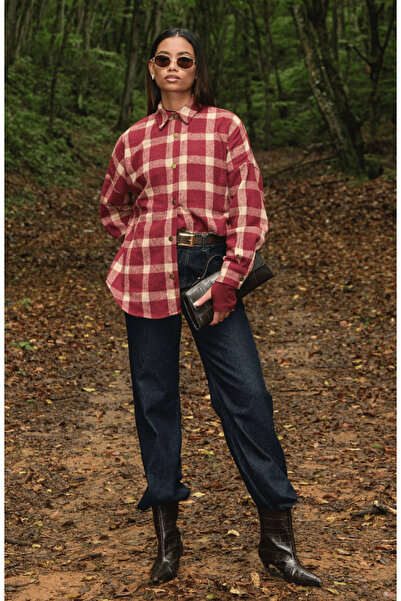 HOPE AND ME Oversized Plaid Patterned Burgundy Lumberjack Shirt