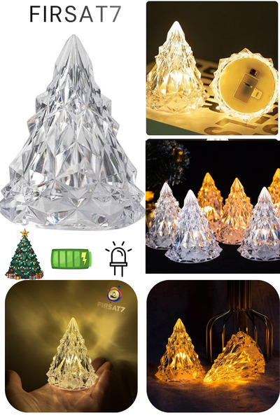 Fırsat7 Kristal Çam Ağacı Şekilli Led Işık Abajur Çam Ağacı Dekoratif Süs Lam...