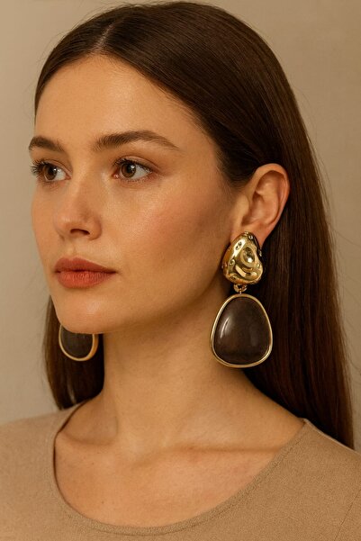 S & E Zara Model Kahverengi Taş Küpe