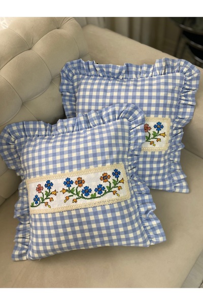 Parla Life Mavi Kanaviçeli Fırfırlı Kırlent Kılıfı (kanaviçe modelleri değişi...