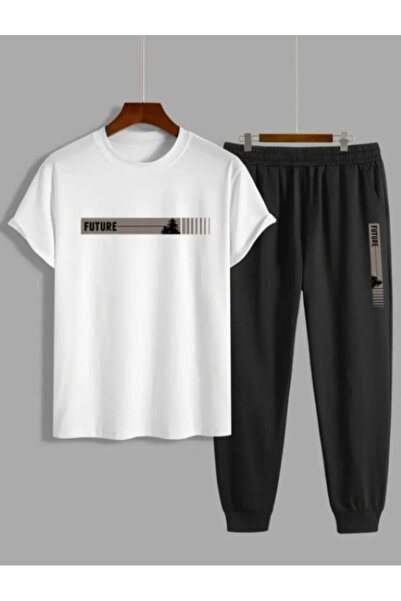 ALCİNOUS Men's Black Future Printed Tracksuit Tshirt Set