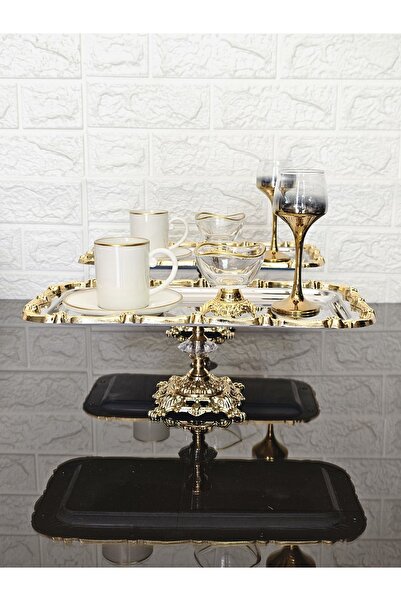 LOKMAN ZÜCCACİYE SHOWROOM 6 Pieces Single Person Gold Casting Rose Motif Detailled Footed Coffee Tea Serving Tray (6 Pieces)