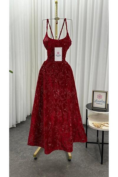 Bailsan فستان ميد مخمل احمر مع ترتر