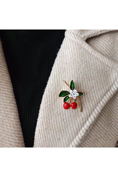 LENTE AKSESUAR Çiçekli Kırmızı Kiraz Broş-Gold Detaylı,Yeşil Yapraklı,Beyaz Çiçekli Kiraz Yaka İğne