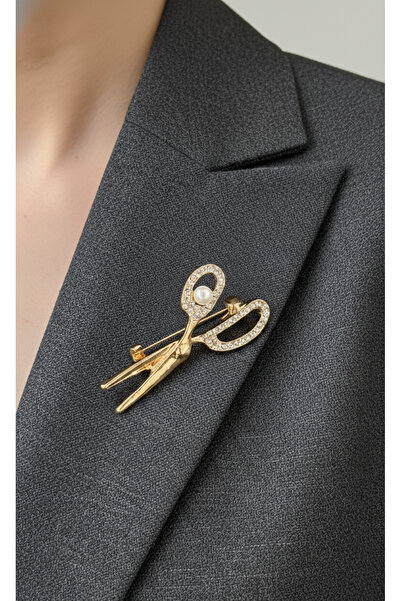 Pearl Detailed Gold Tone Scissor Lapel Pin | Fashion Design Accessory