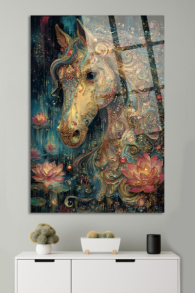 TAULART ALTIN DETAYLI MİSTİK AT VE LOTUS ÇİÇEĞİ SANATSAL DEKOR KIRILMAZ CAM TABLO