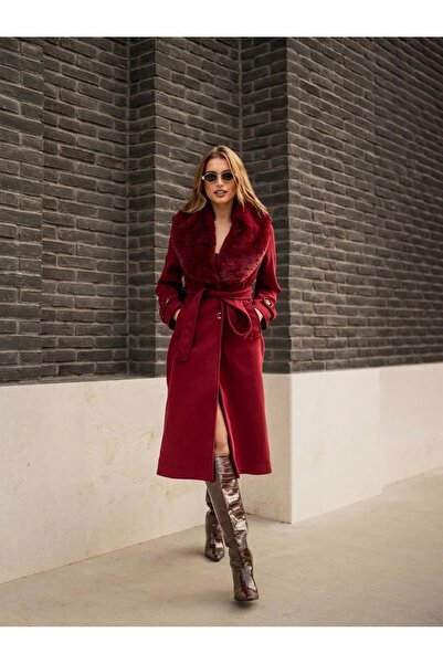 ByRanaBuyuk Bordo Yaka Kürk Kaşe Kaban