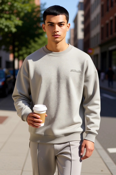 BENERLY Men's Crew Neck Low Sleeve Oversized Slogan Embroidered Diagonal Swea...